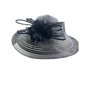 Kate Landry kentucky Derby Hat Very Wide Brim Black with Floral And Sheer Lines